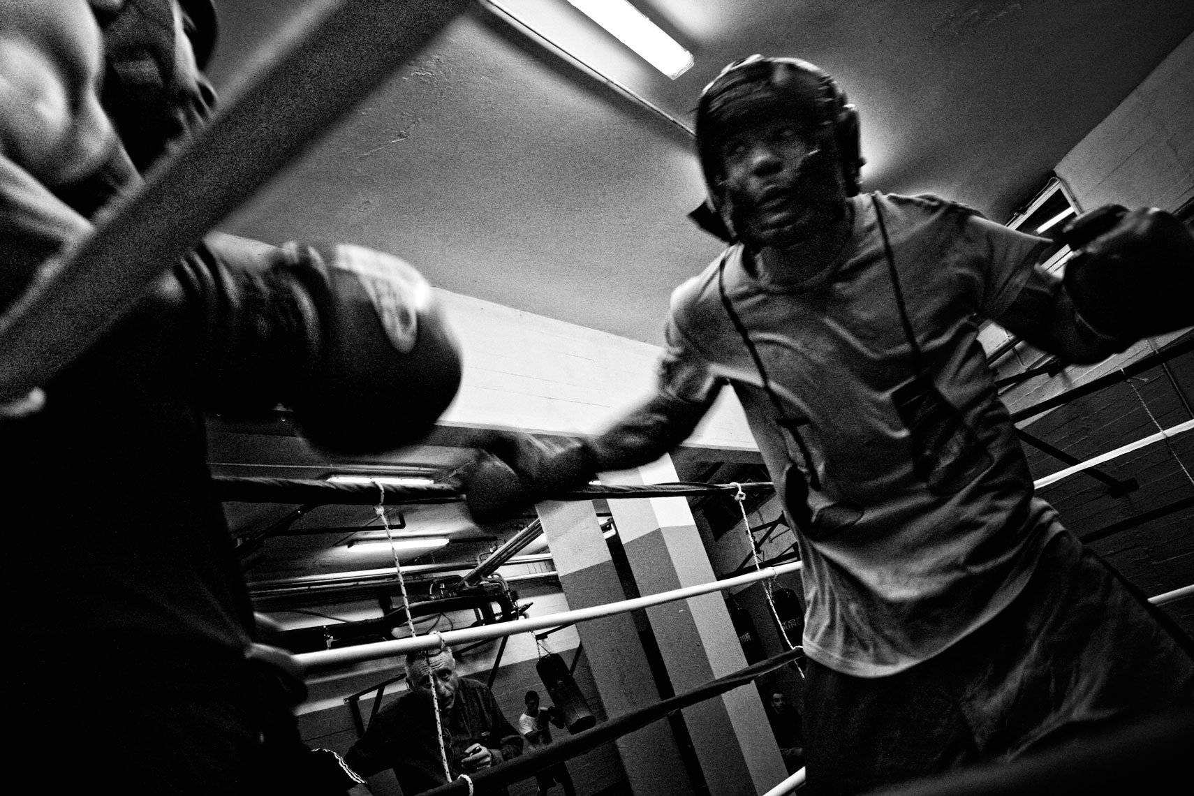 ITALY. Florence, 13th October 2011. Leonard Bundu fighting against a sparring partner in preparation of the match for the EBU (European Boxing Union) Welter Weight crown.
